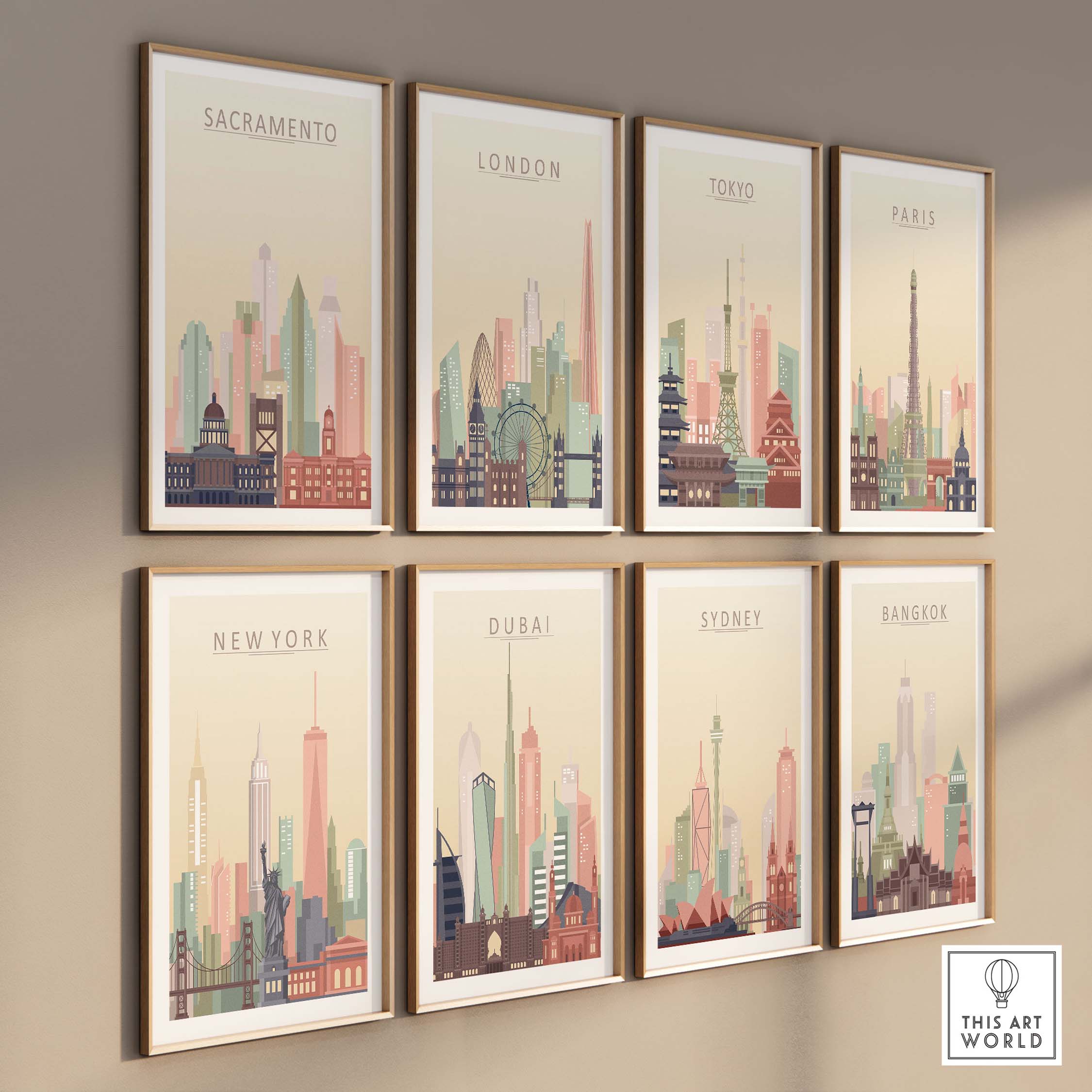 Colorful city skyline posters featuring Sacramento, London, Tokyo, Paris, New York, Dubai, Sydney, and Bangkok.