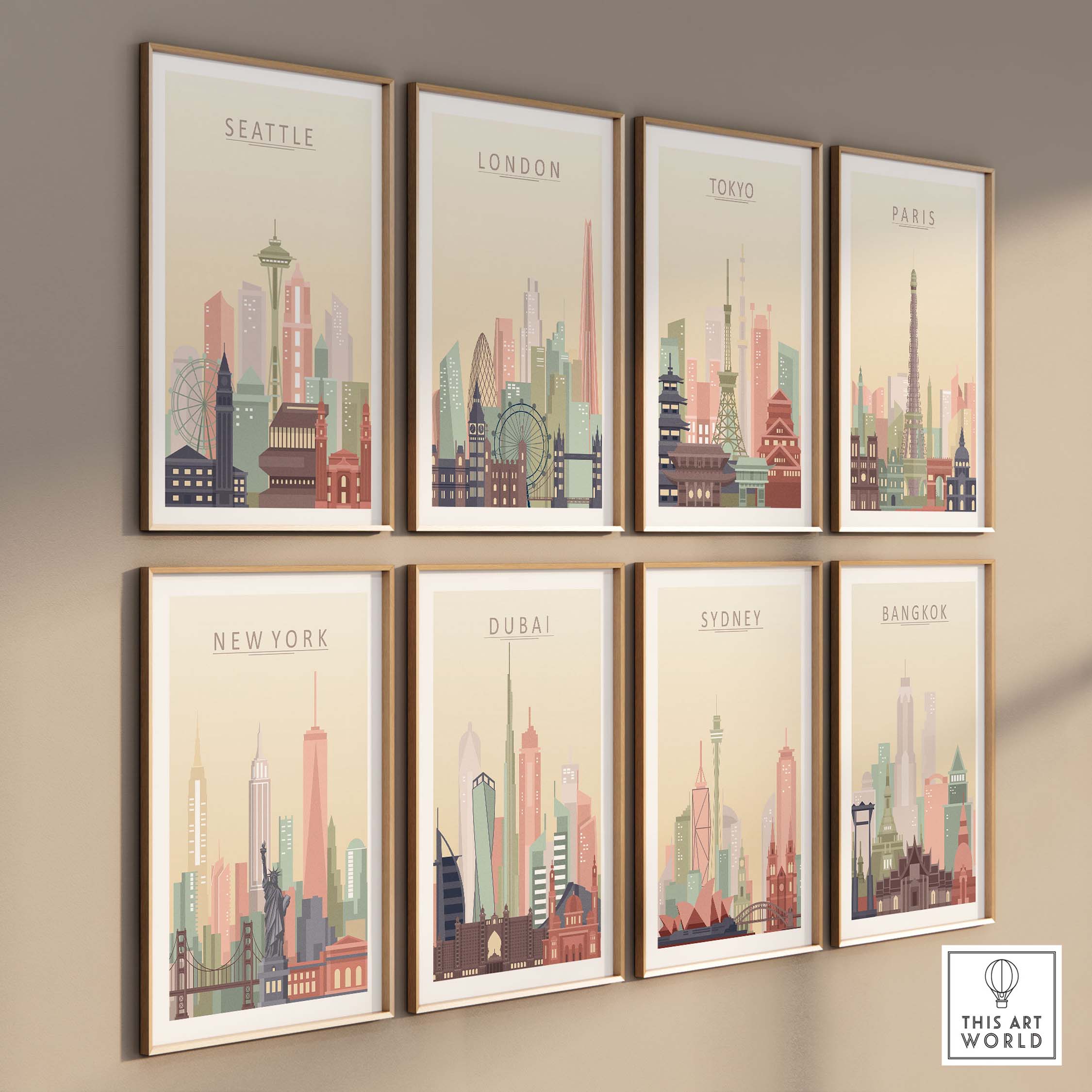 A collection of city skyline prints featuring Seattle, London, Tokyo, Paris, New York, Dubai, Sydney, and Bangkok in pastel tones.