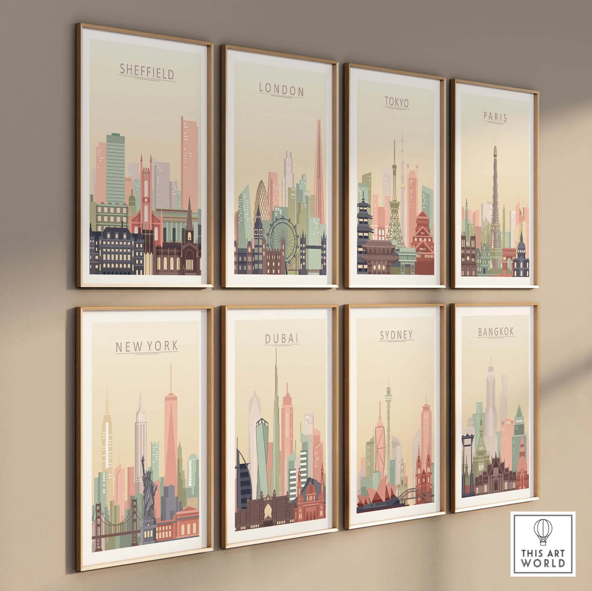 Framed city skyline posters of Sheffield, London, Tokyo, Paris, New York, Dubai, Sydney, and Bangkok in pastel tones.