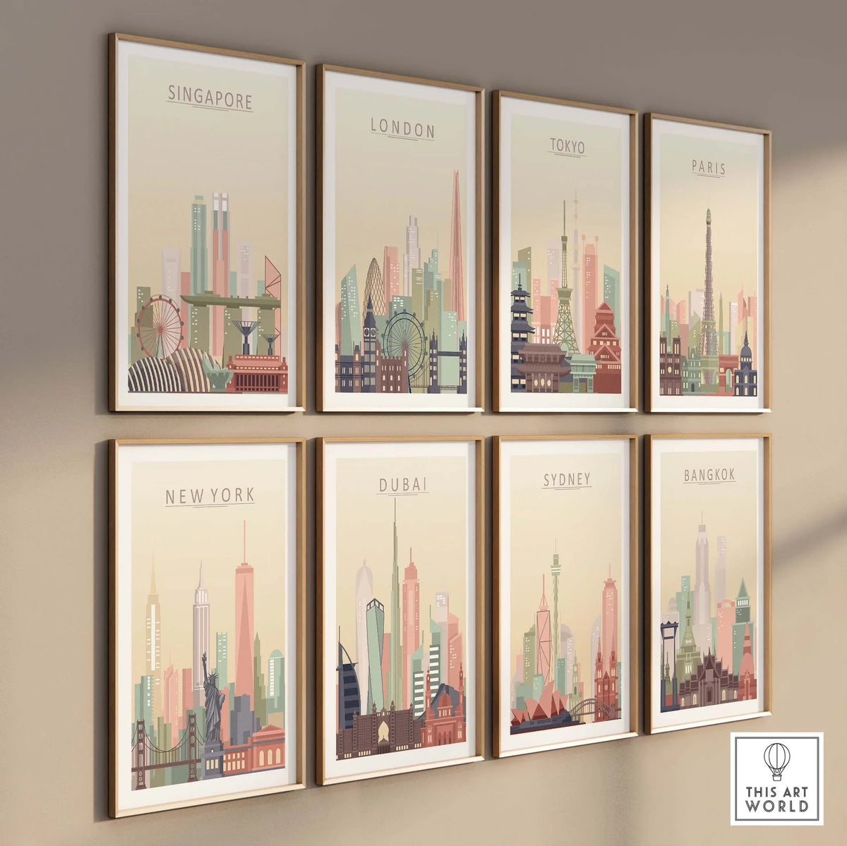 Collection of city skyline art prints including Singapore, London, Tokyo, and more, displayed on a beige wall.