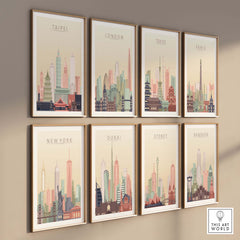 Gallery of city skyline wall art prints featuring Taipei, London, Tokyo, Paris, New York, Dubai, Sydney, and Bangkok.