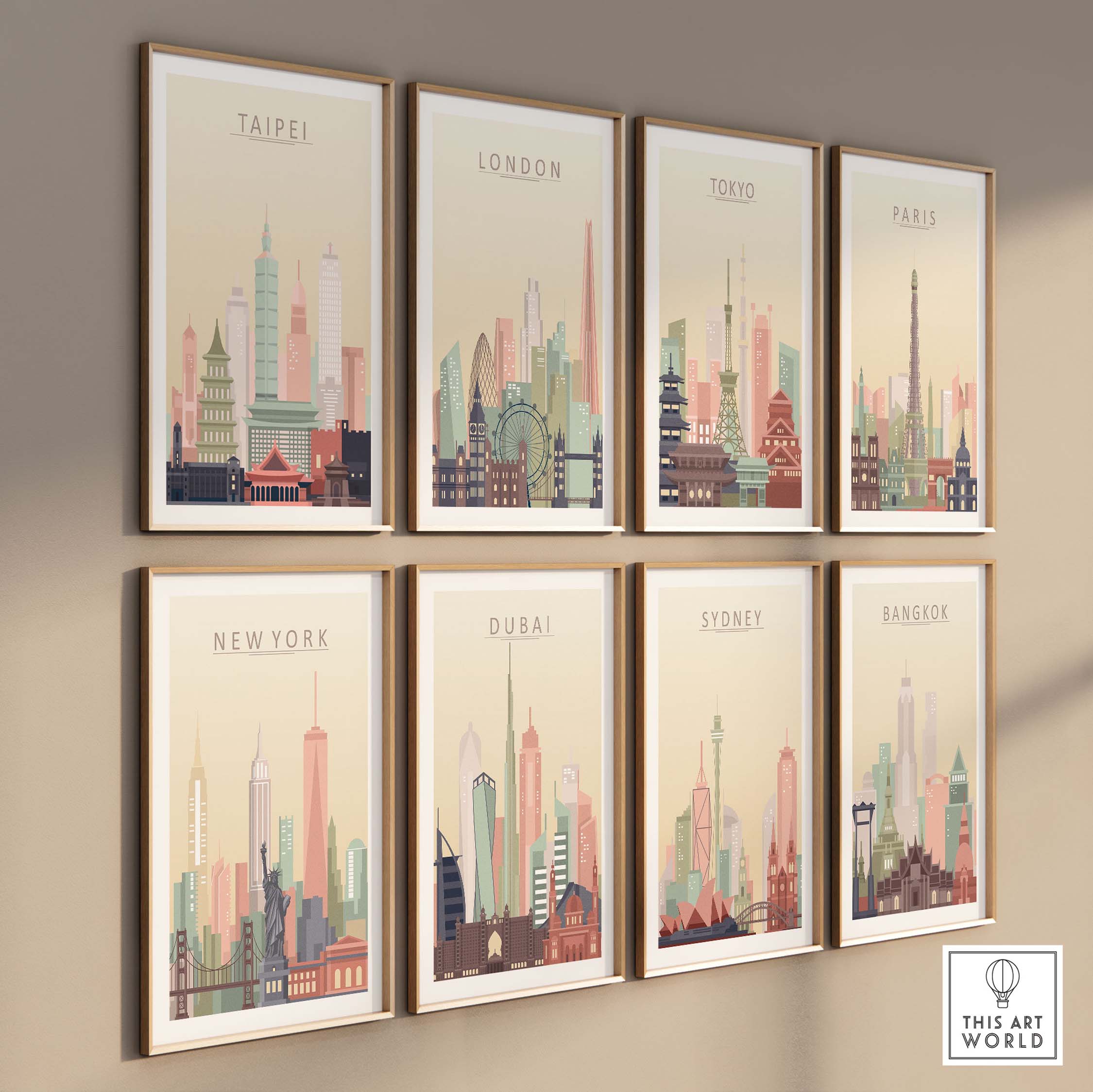 Gallery of city skyline wall art prints featuring Taipei, London, Tokyo, Paris, New York, Dubai, Sydney, and Bangkok.