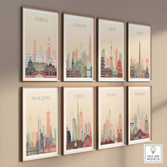 Collection of city skyline wall art prints featuring Venice, London, Tokyo, Paris, New York, Dubai, Sydney, and Bangkok.