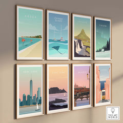 Gallery of travel poster prints featuring Aruba, Cayman Islands, Iceland, Finland, New York, Cape Town, Prague, and Lisbon.