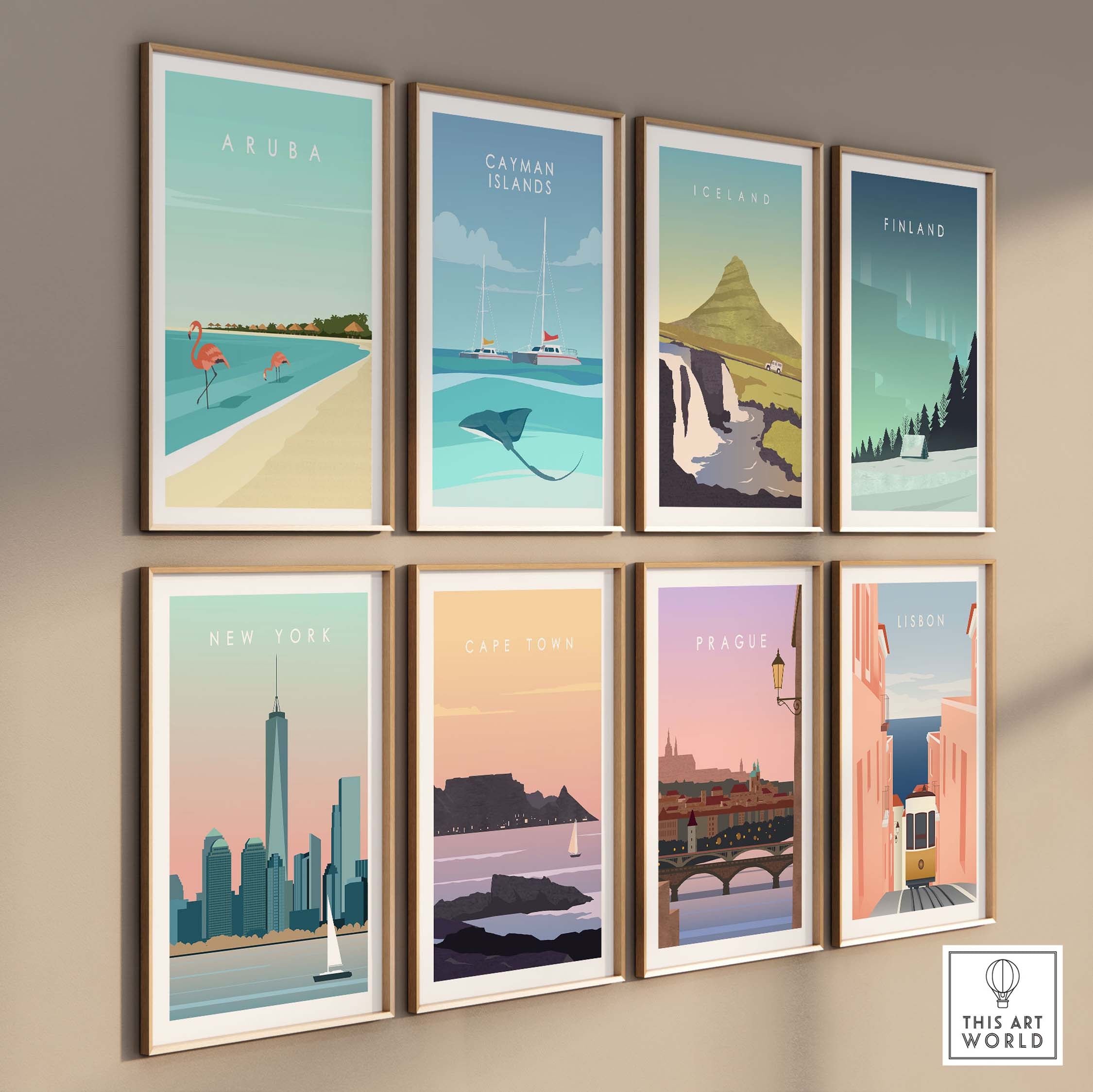 Gallery of travel poster prints featuring Aruba, Cayman Islands, Iceland, Finland, New York, Cape Town, Prague, and Lisbon.