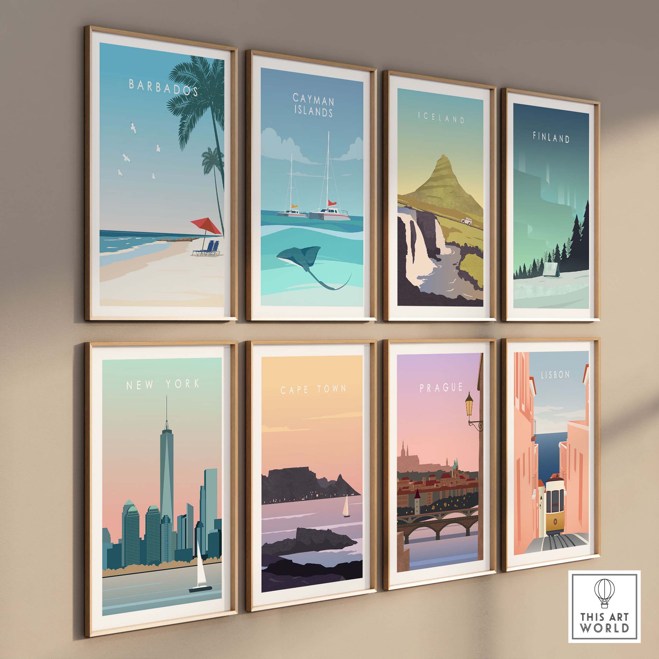 Framed travel posters including Barbados, Catman Islands, Iceland, and more, showcasing stylish wall art for wanderlust.