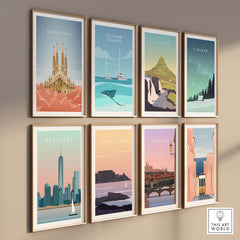 Barcelona Wall Art Poster Print featured with travel posters of iconic cities on a stylish wall display.