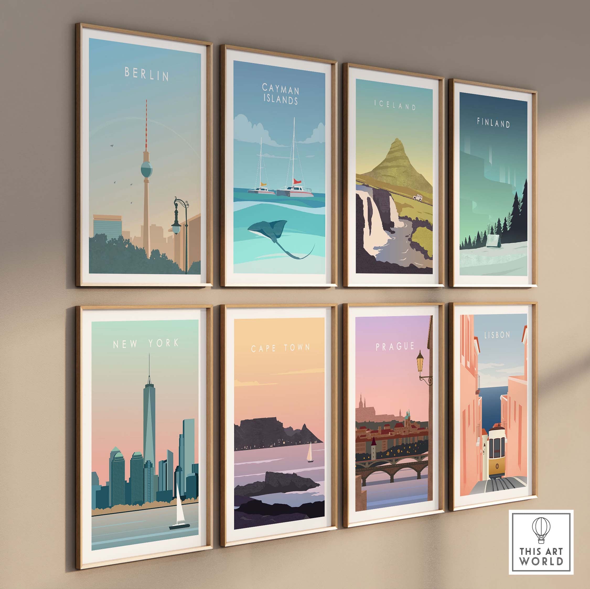 Stylish travel wall art collection featuring Berlin, Catman Islands, Iceland, Finland, New York, Cape Town, Prague, and Lisbon.