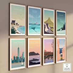Collection of vintage travel poster prints featuring Bonaire, Catman Islands, Iceland, Finland, and more, displayed in stylish frames.