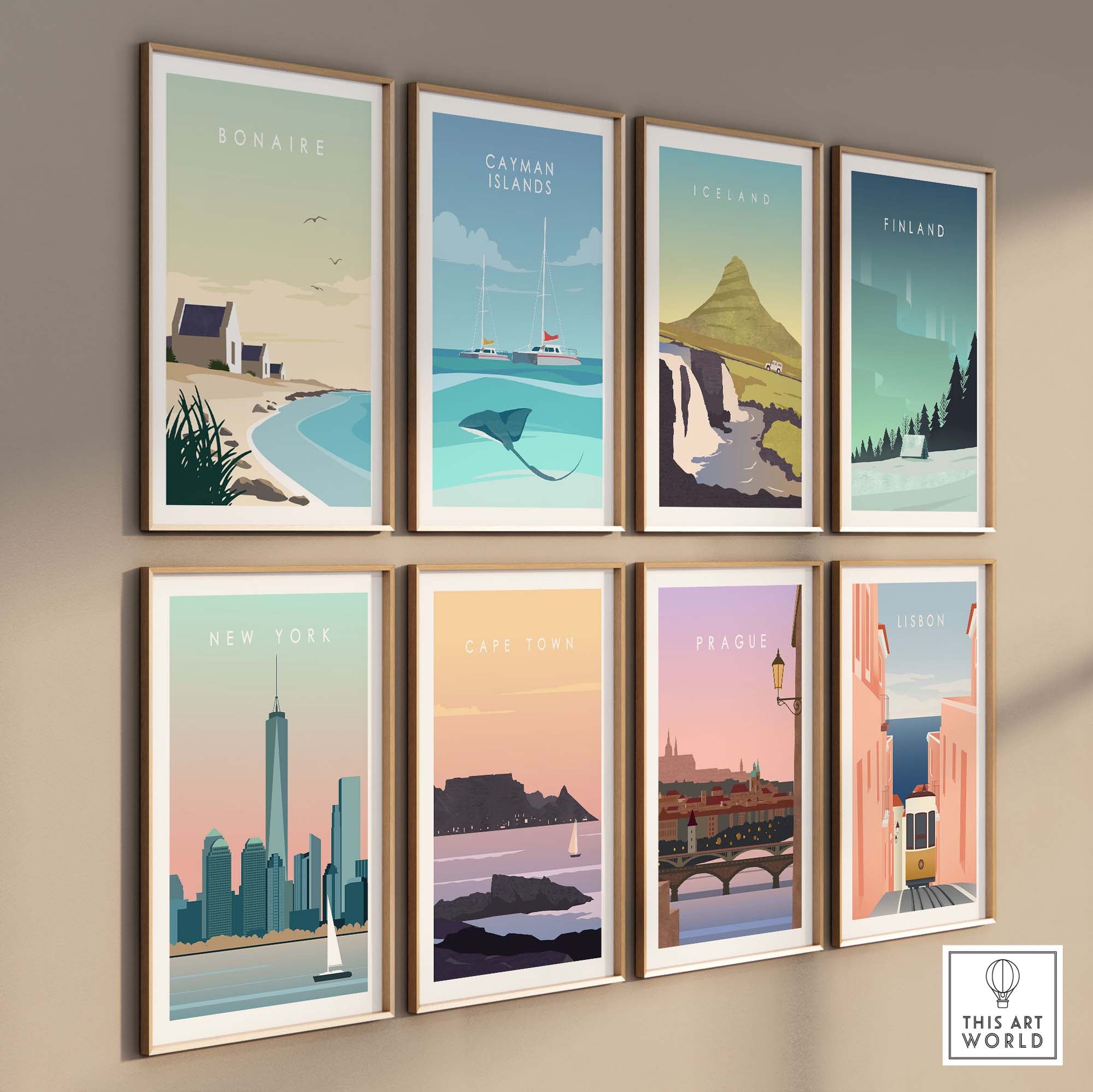 Collection of vintage travel poster prints featuring Bonaire, Catman Islands, Iceland, Finland, and more, displayed in stylish frames.