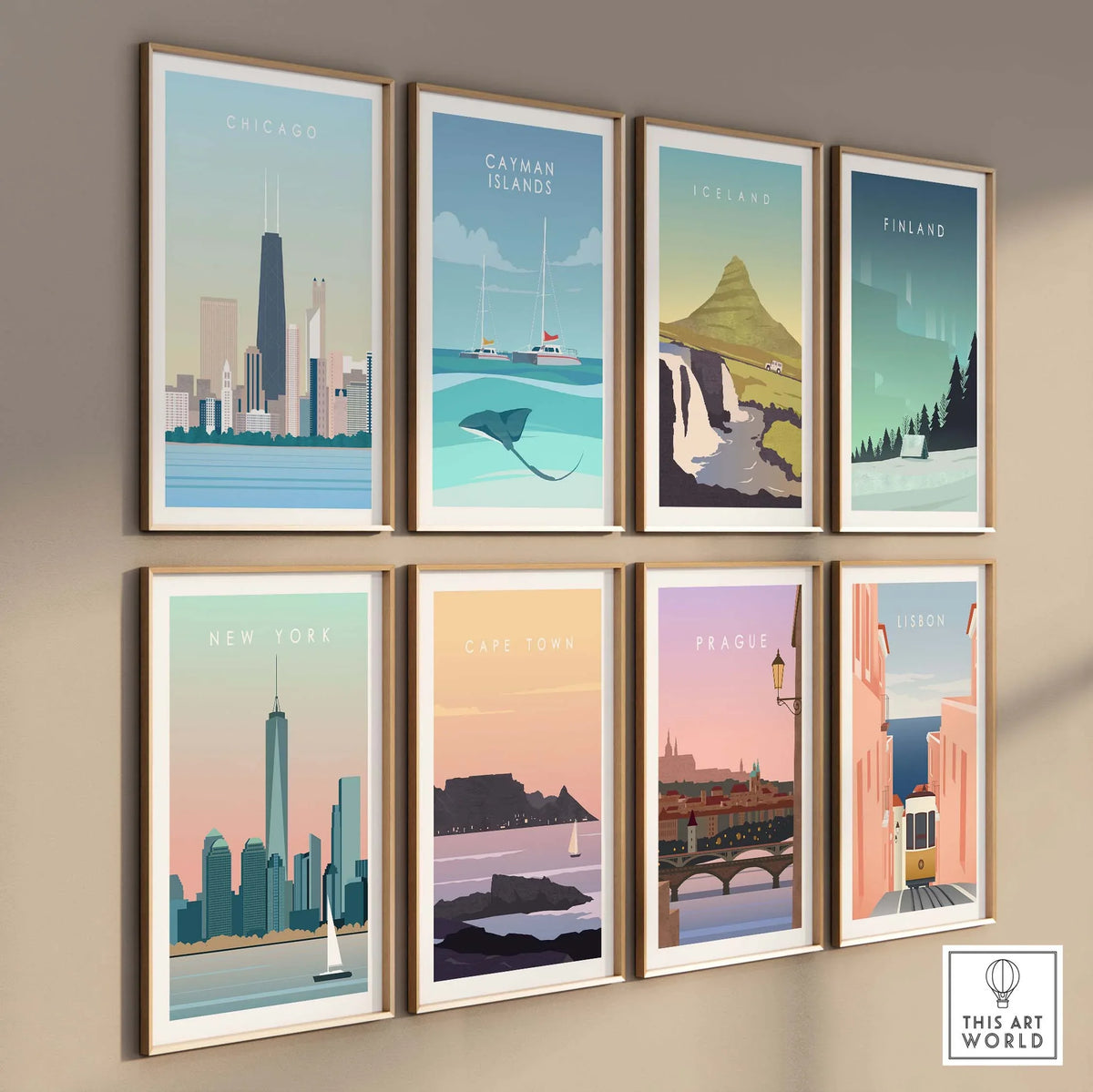 Collection of vintage travel posters featuring New York City, Chicago, and more, displayed on a wall.