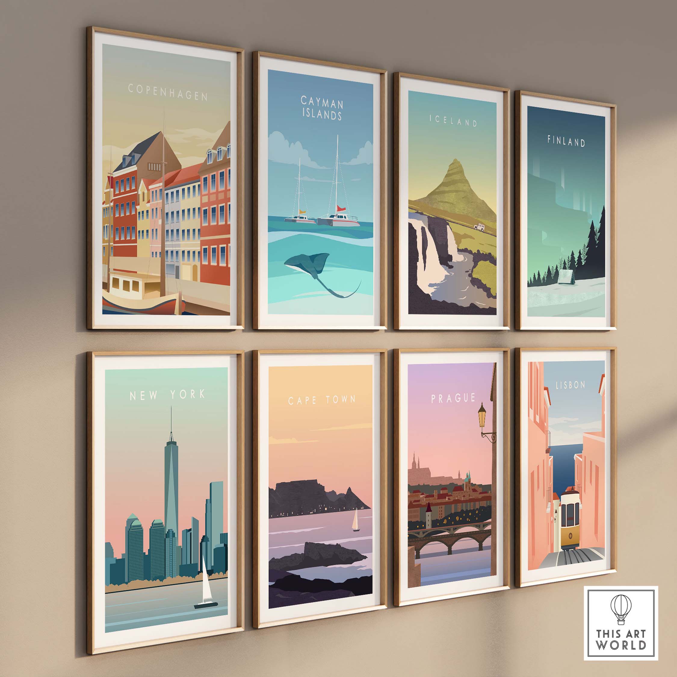 Framed vintage travel art posters featuring Copenhagen, New York, and more, displayed on a stylish wall.