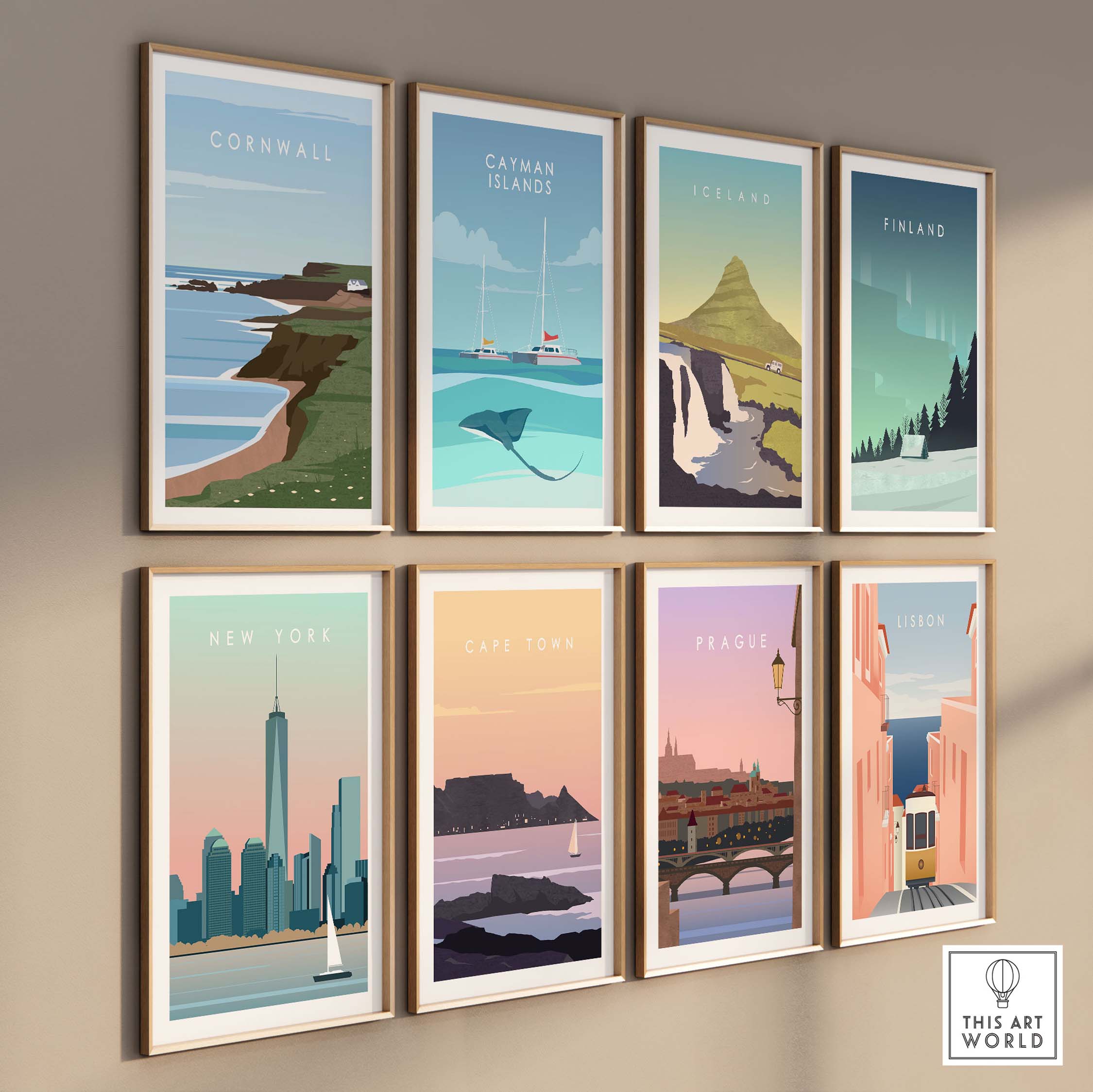 Framed travel posters featuring Cornwall, Iceland, New York, and more, showcasing colorful vintage-inspired designs.