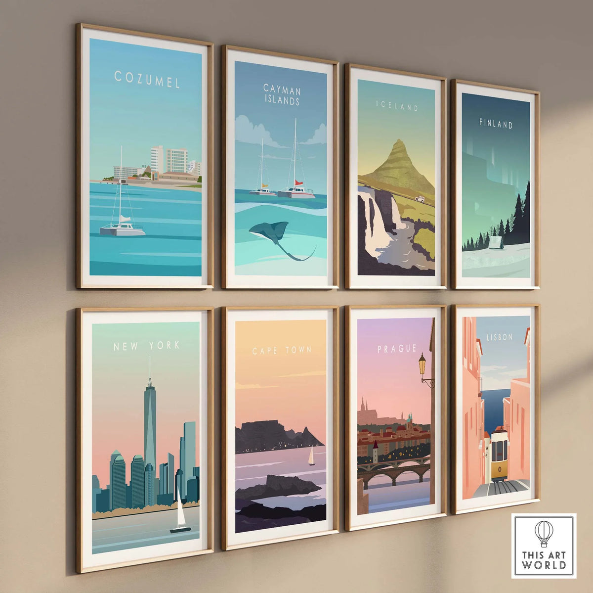 Gallery of travel art prints featuring Cozumel, Catman Islands, Iceland, and more, perfect for home or office decor.