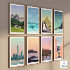 Collection of vintage-inspired travel posters featuring Dolomites, New York, and more, displayed in stylish frames.