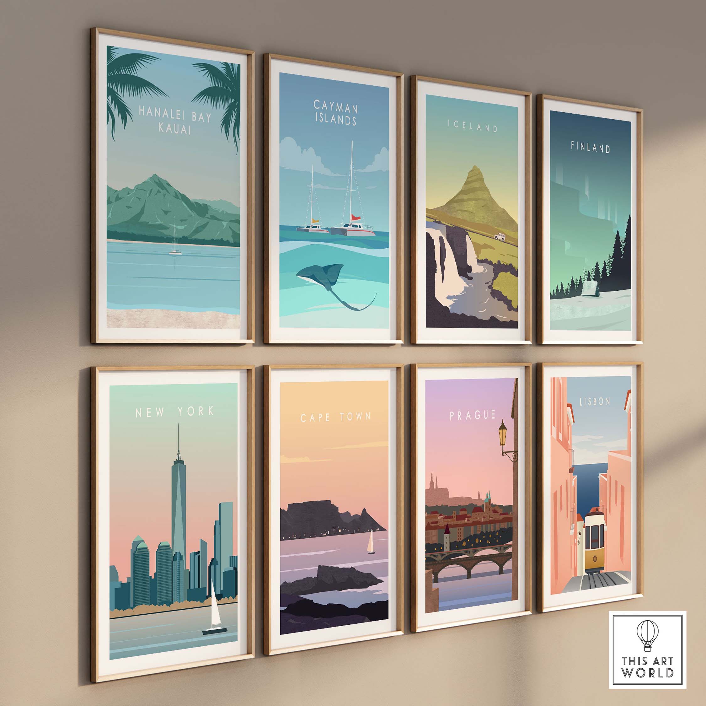 Colorful vintage travel posters featuring Hanalei Bay Kauai, Catamaran Islands, Iceland, and more for wall decor.