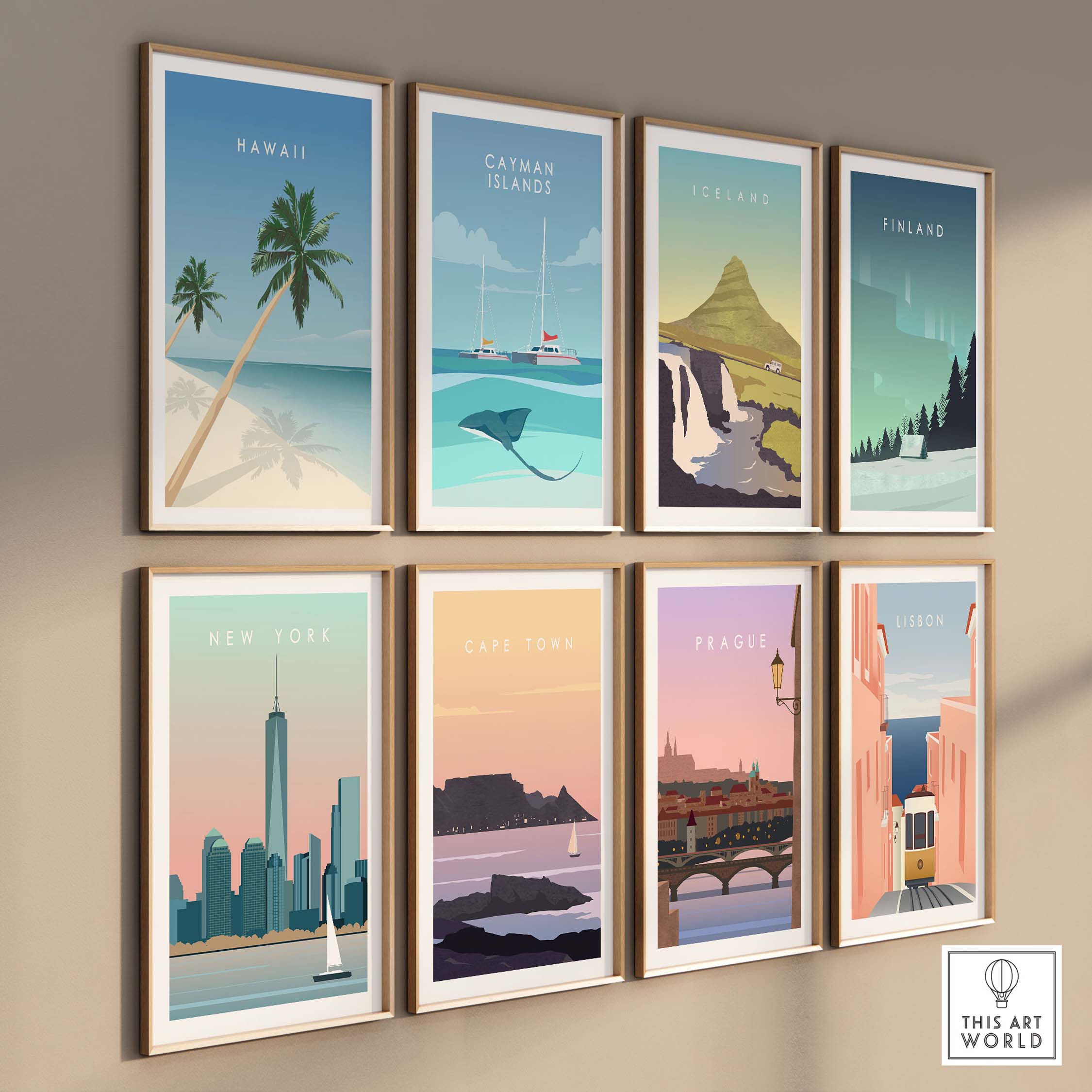 Collection of vintage-inspired travel posters including Hawaii, New York, and Prague, displayed on a wall.