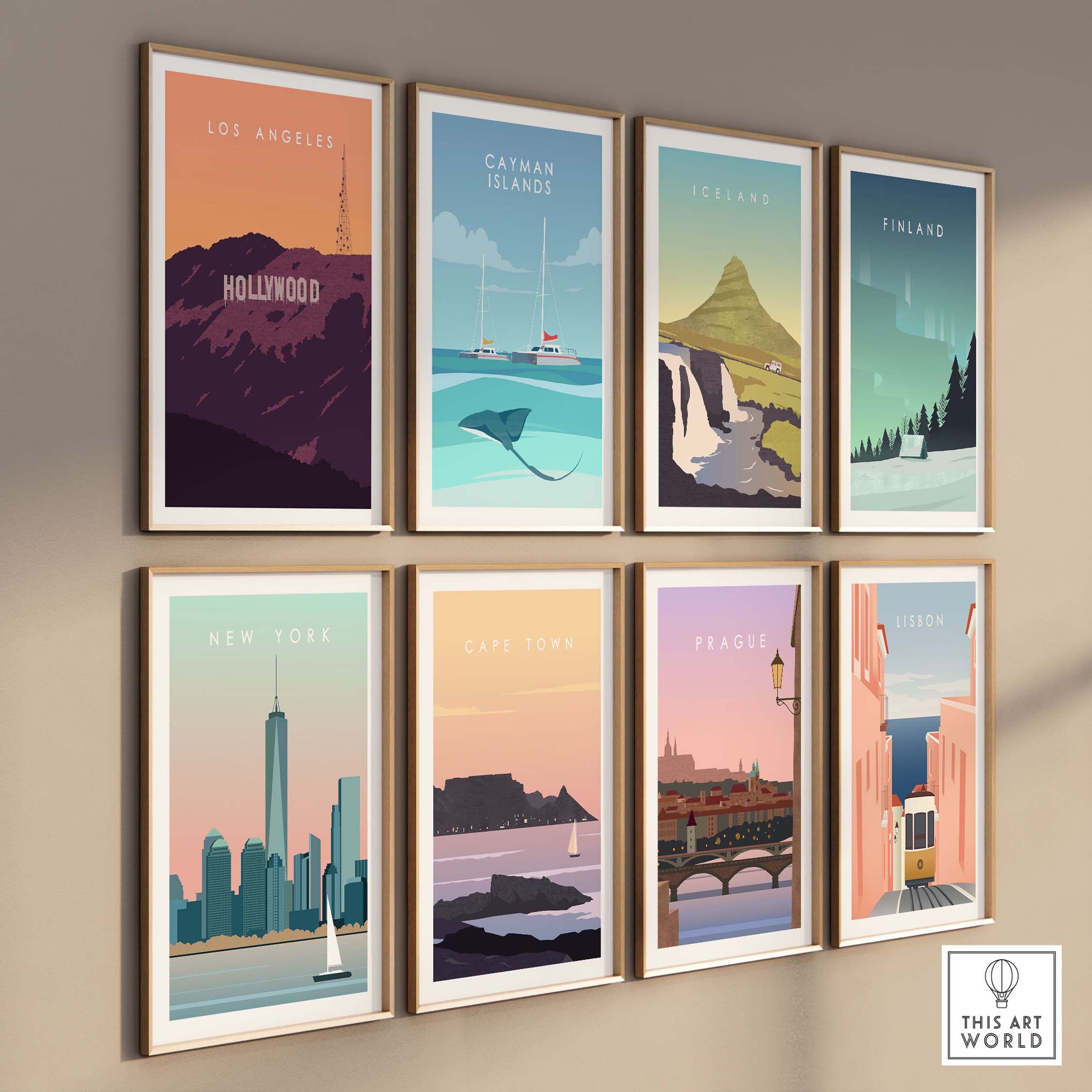 Collection of vintage travel posters including Hollywood, New York, and Cape Town wall art displays.