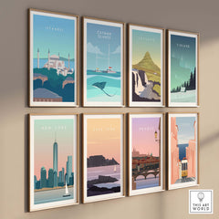 Collection of vintage travel posters including Istanbul, showcasing beautiful landmarks and scenic views.