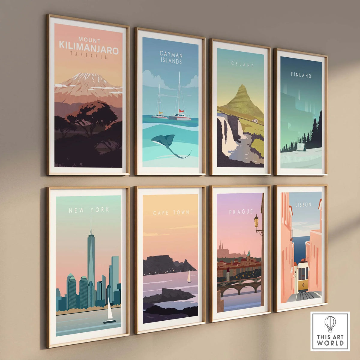 Collection of vintage-inspired travel posters including Kilimanjaro, Catman Islands, Iceland, and more.
