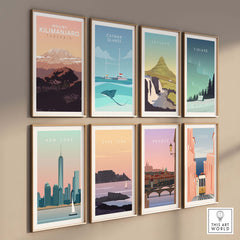 Collection of vintage-inspired travel posters including Kilimanjaro, Catman Islands, Iceland, and more.