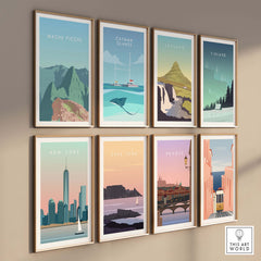 Collection of travel posters including Machu Picchu, showcasing vintage-inspired wall art for home decor.