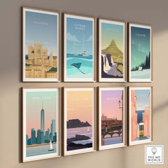 Colorful travel wall art featuring Mallorca, Catani Islands, Iceland, Finland, New York, Cape Town, Prague, and Lisbon.