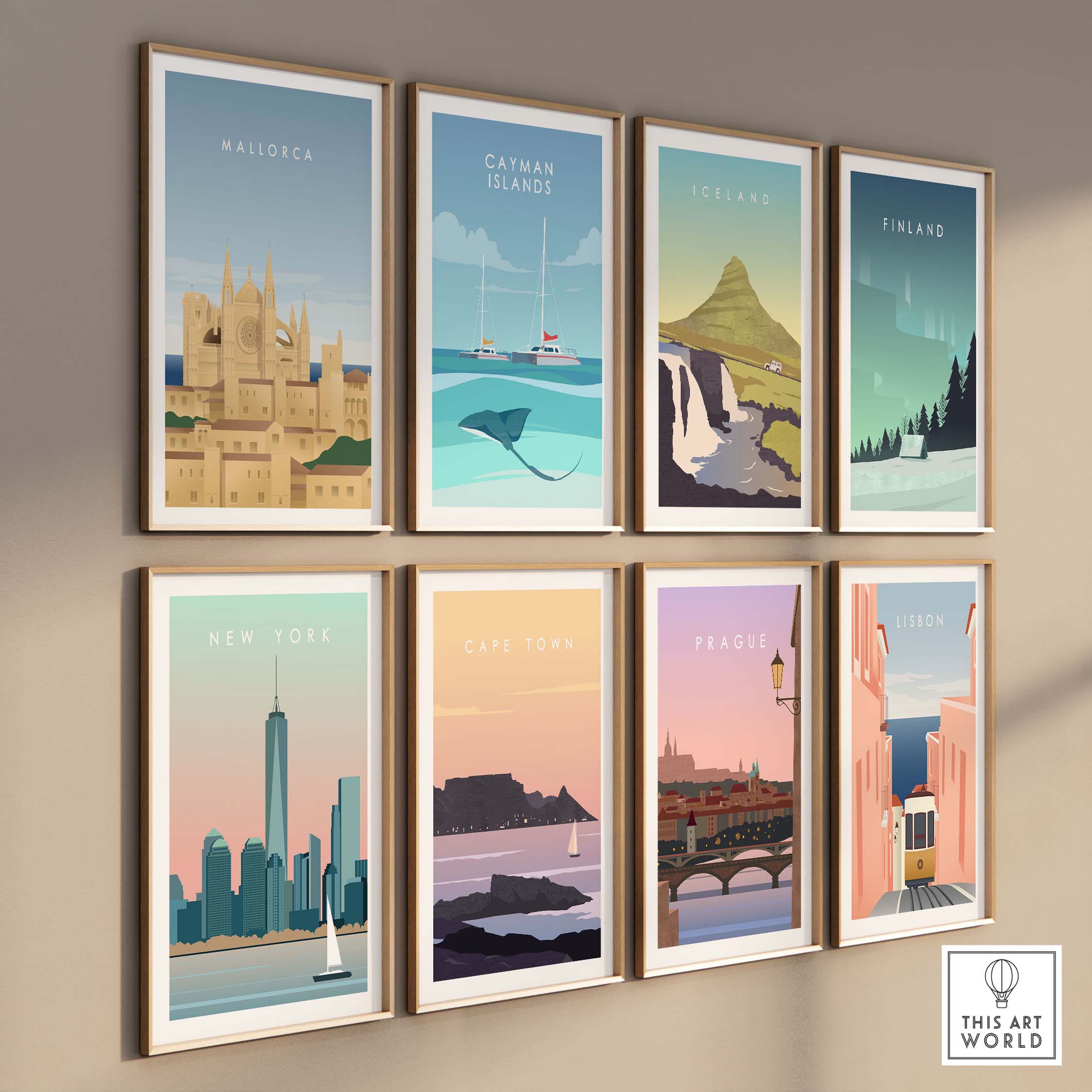 Colorful travel wall art featuring Mallorca, Catani Islands, Iceland, Finland, New York, Cape Town, Prague, and Lisbon.