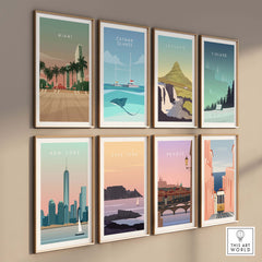 Collection of vintage-style wall art posters featuring Miami, New York, Cape Town, and other destinations.