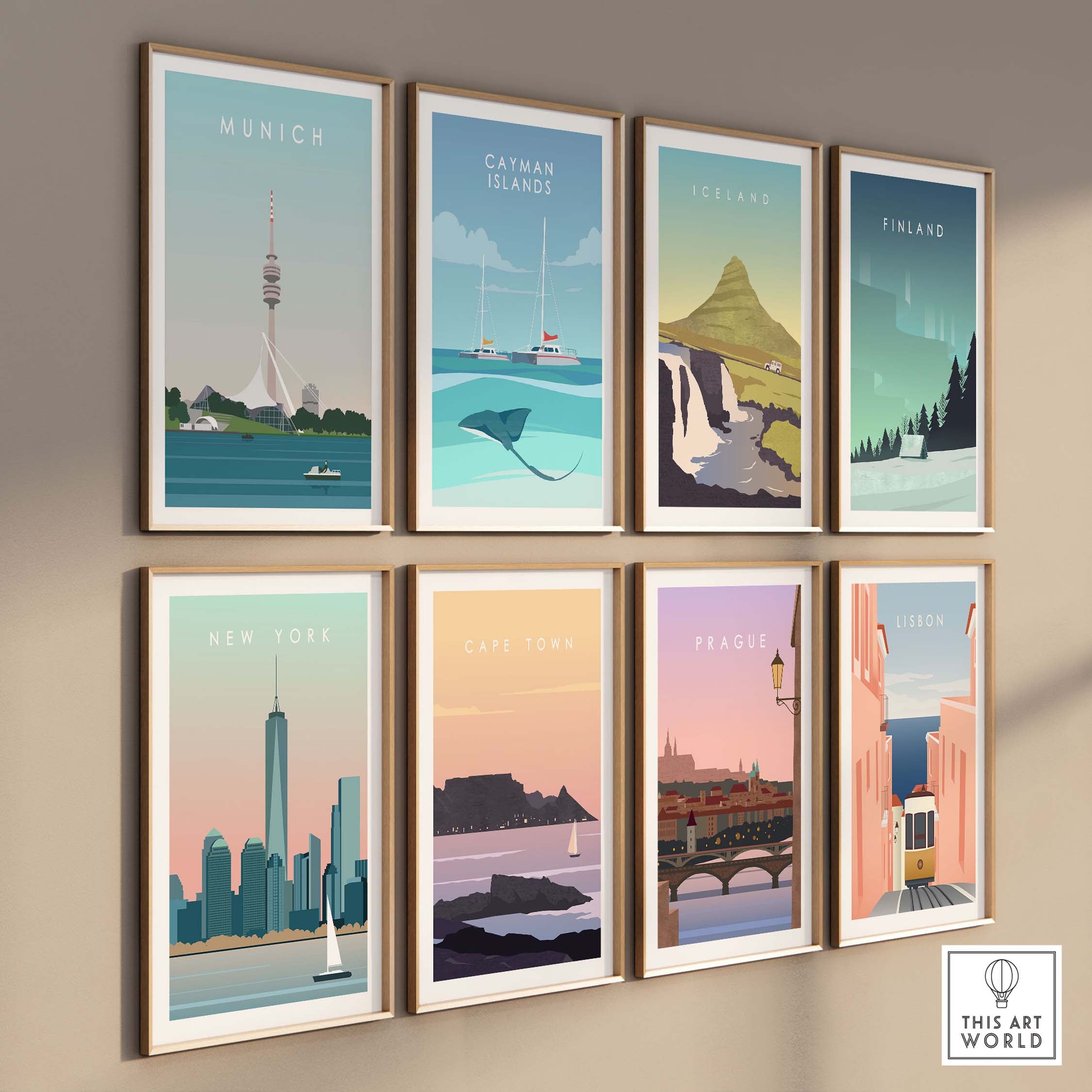 Collection of vibrant city travel posters including Munich, New York, and Cape Town on a modern wall.