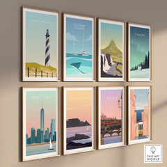 Collection of vintage-style travel poster prints featuring North Carolina, Catman Islands, Iceland, Finland, New York, Cape Town, Prague, and Lisbon.