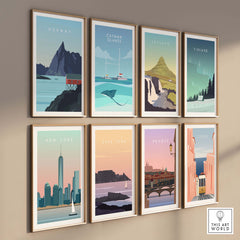 Gallery of Scandinavian travel posters featuring Norway, Iceland, and Finland, perfect for home decor.
