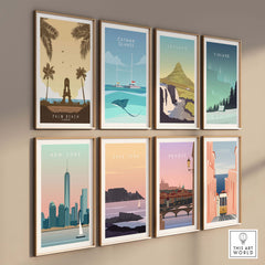 Framed travel art prints featuring Palm Beach and various global destinations in a minimalist style.