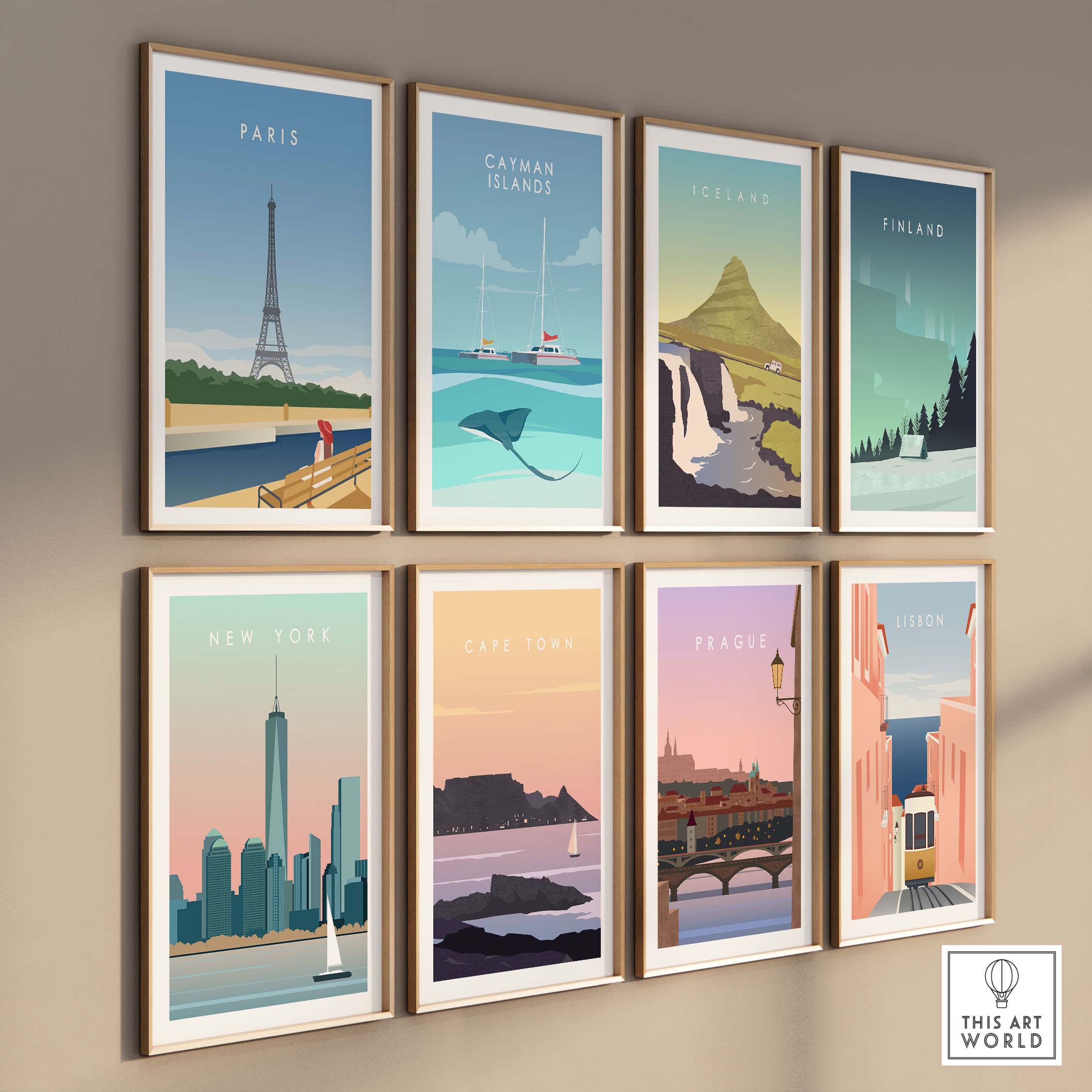 Vintage travel wall art collection featuring Paris, New York, and more, ideal for home decor and wanderlust inspiration.