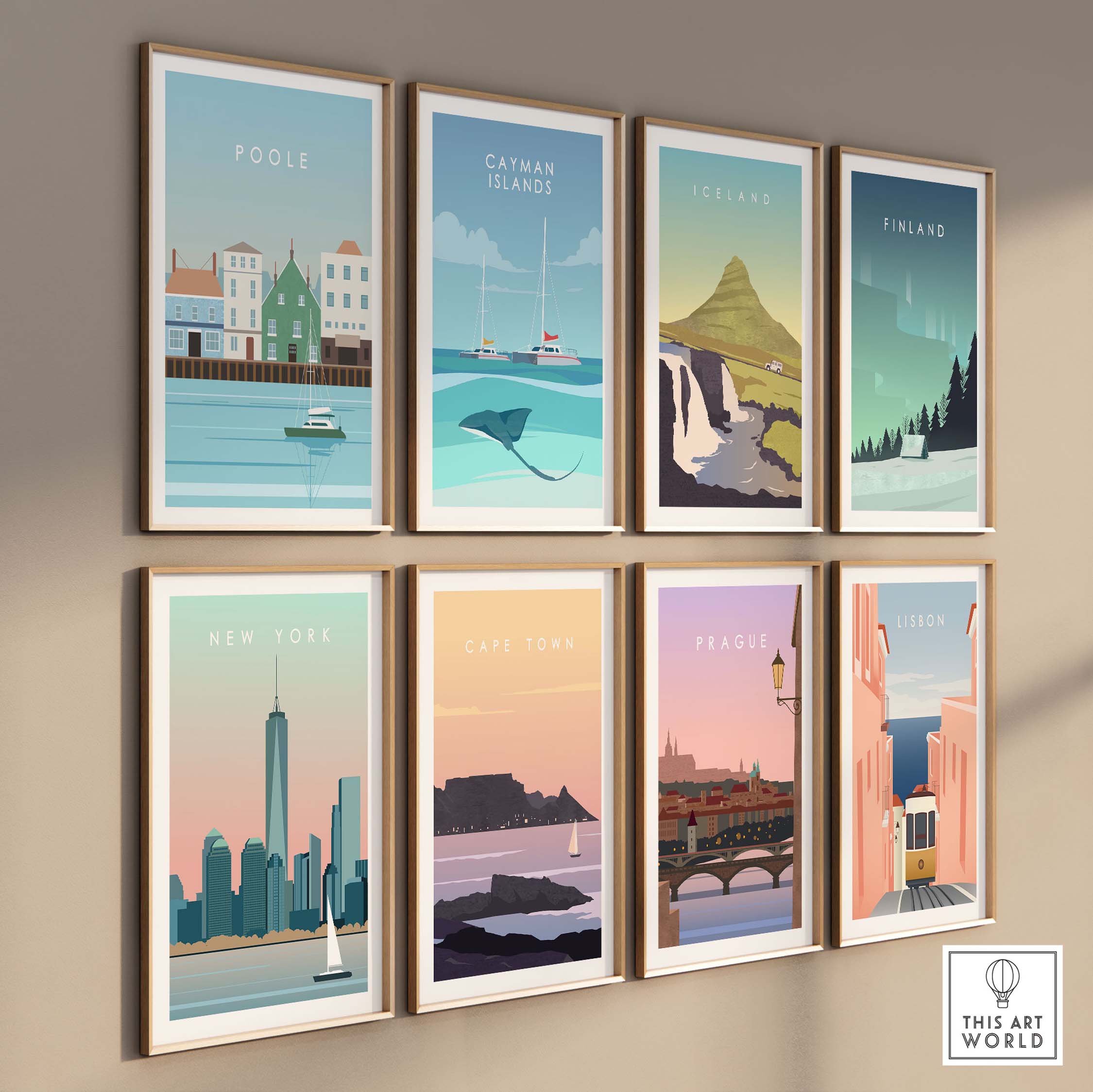 Collection of vintage travel posters including Poole, Catman Islands, Iceland, and more, displayed on a stylish wall.