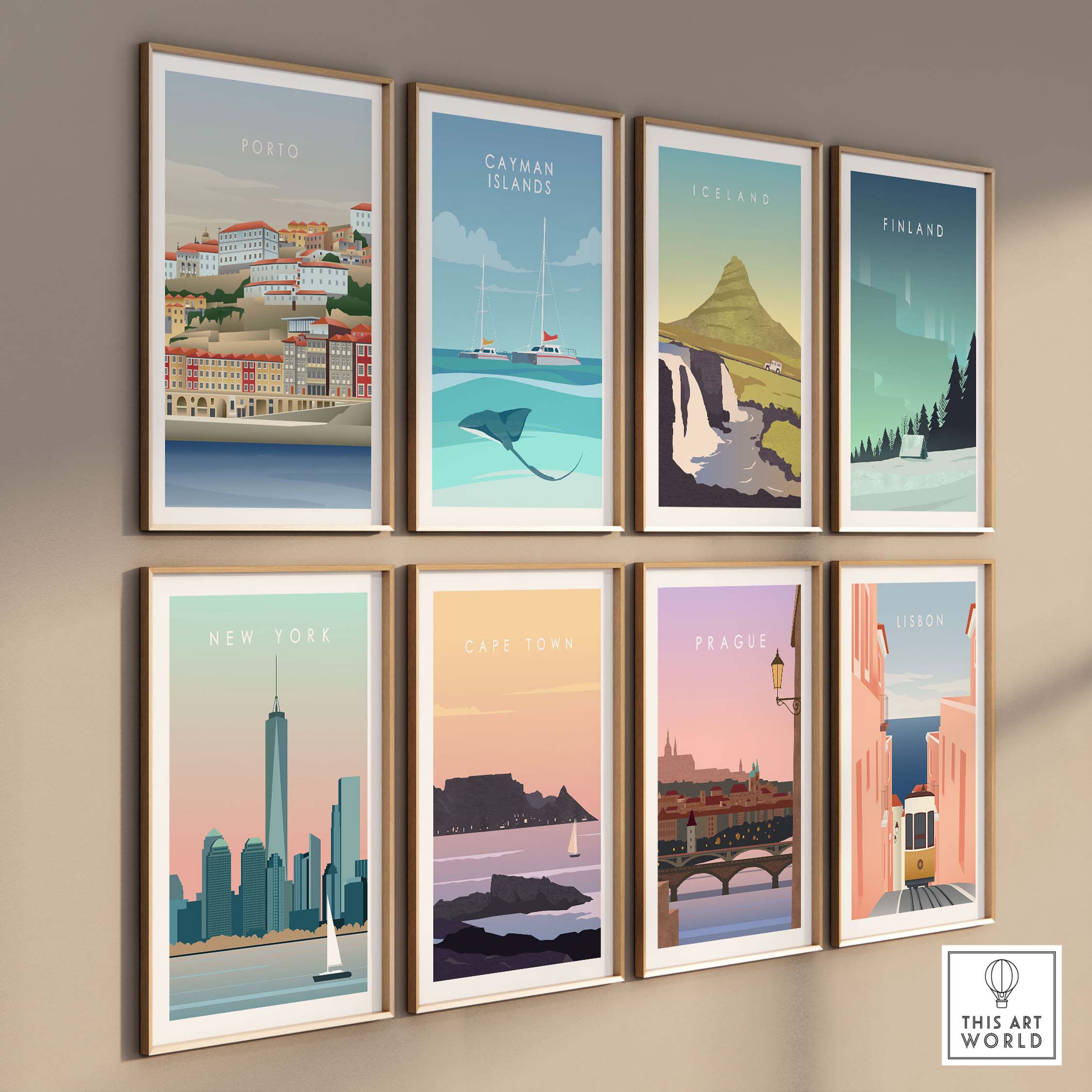 Vintage travel posters featuring Porto, Catman Islands, Iceland, Finland, New York, Cape Town, Prague, and Lisbon on a wall.