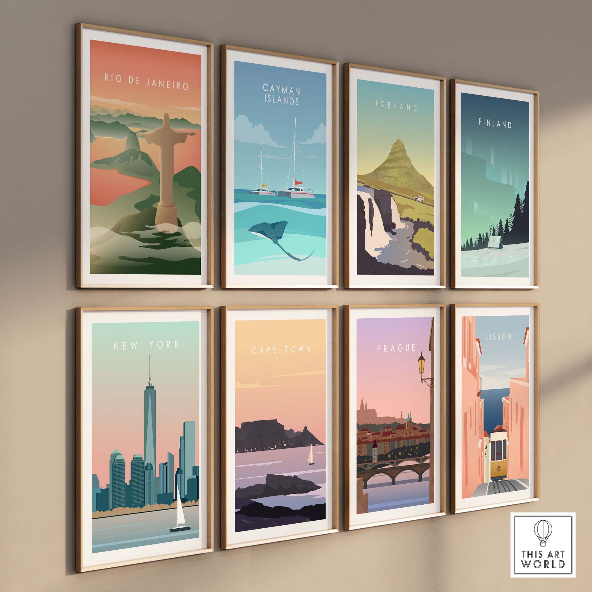 Collection of vintage travel posters including Rio de Janeiro, New York, Prague, and more, showcasing vibrant artwork.