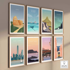 Framed vintage travel posters including Rome, New York, and more, displayed on a wall for stylish home decor.
