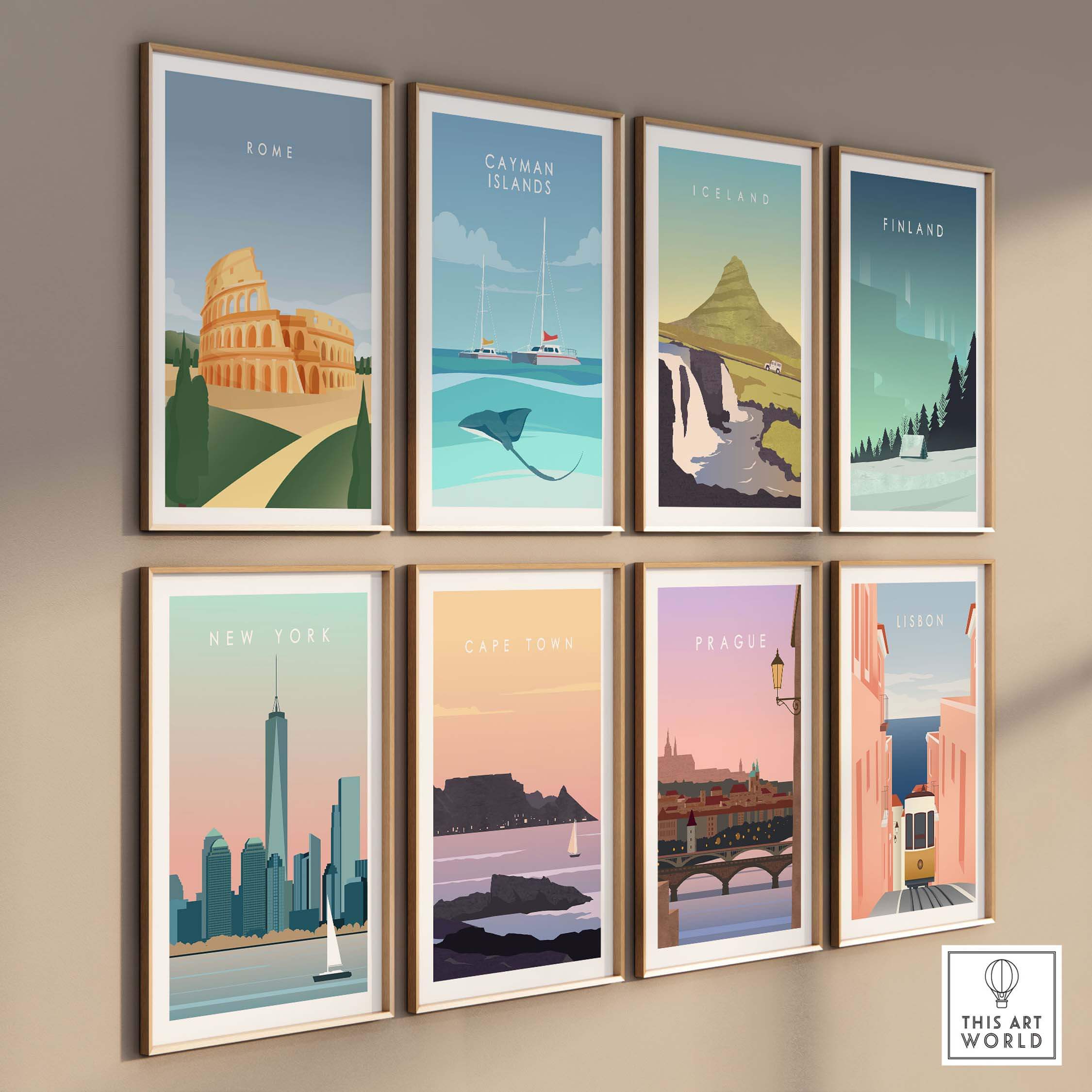 Framed vintage travel posters including Rome, New York, and more, displayed on a wall for stylish home decor.