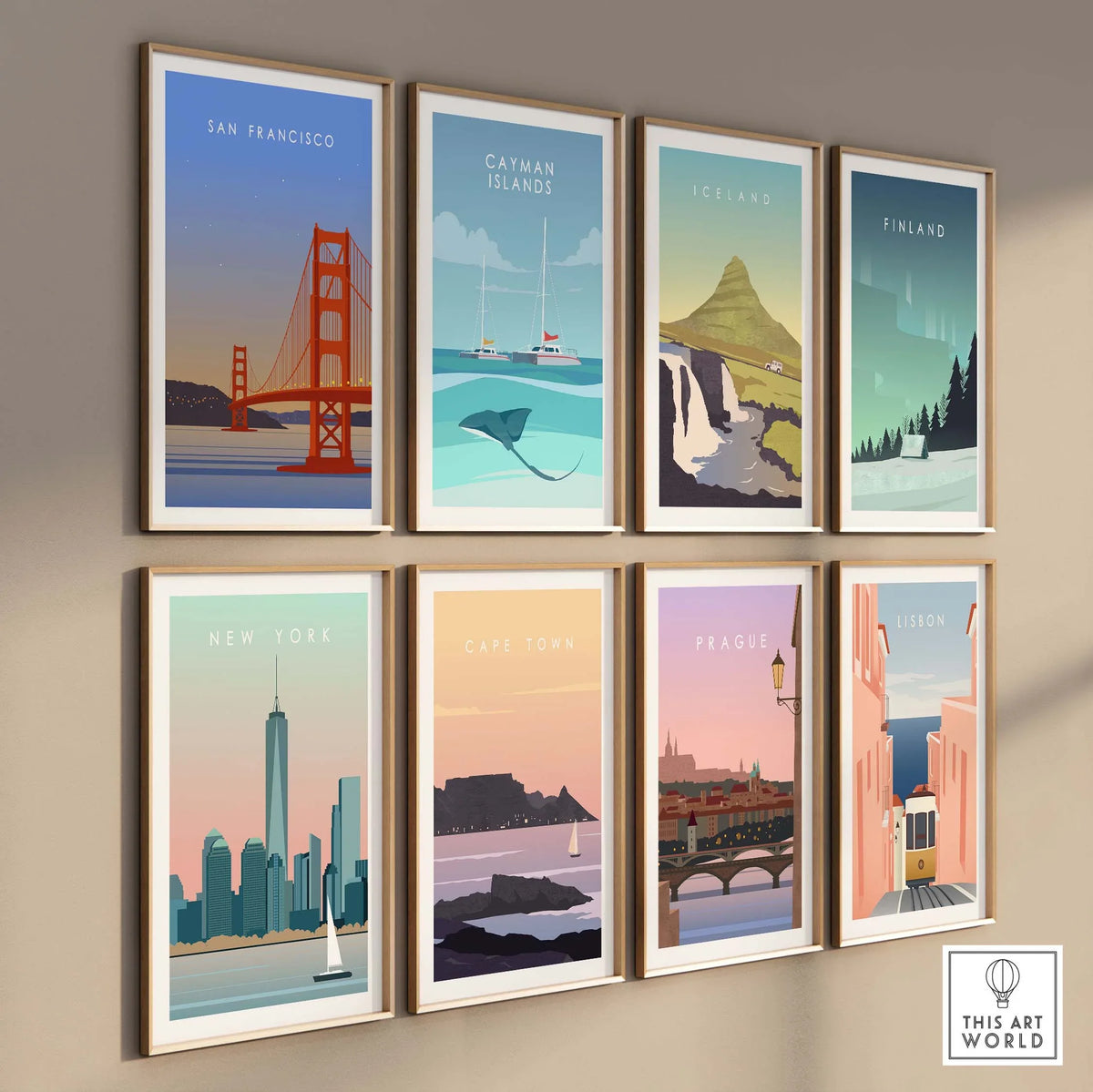 San Francisco print wall art posters displayed in a stylish gallery setting, featuring iconic travel destinations.
