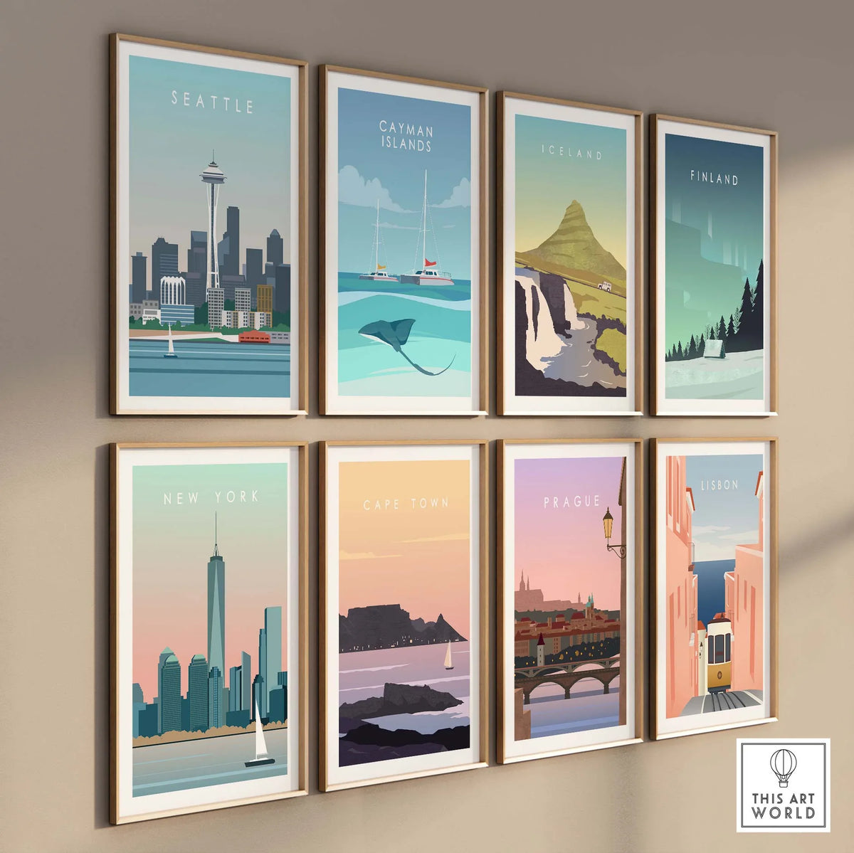 Collection of vintage travel posters including Seattle, New York, and Cape Town wall art prints, displayed in stylish frames.