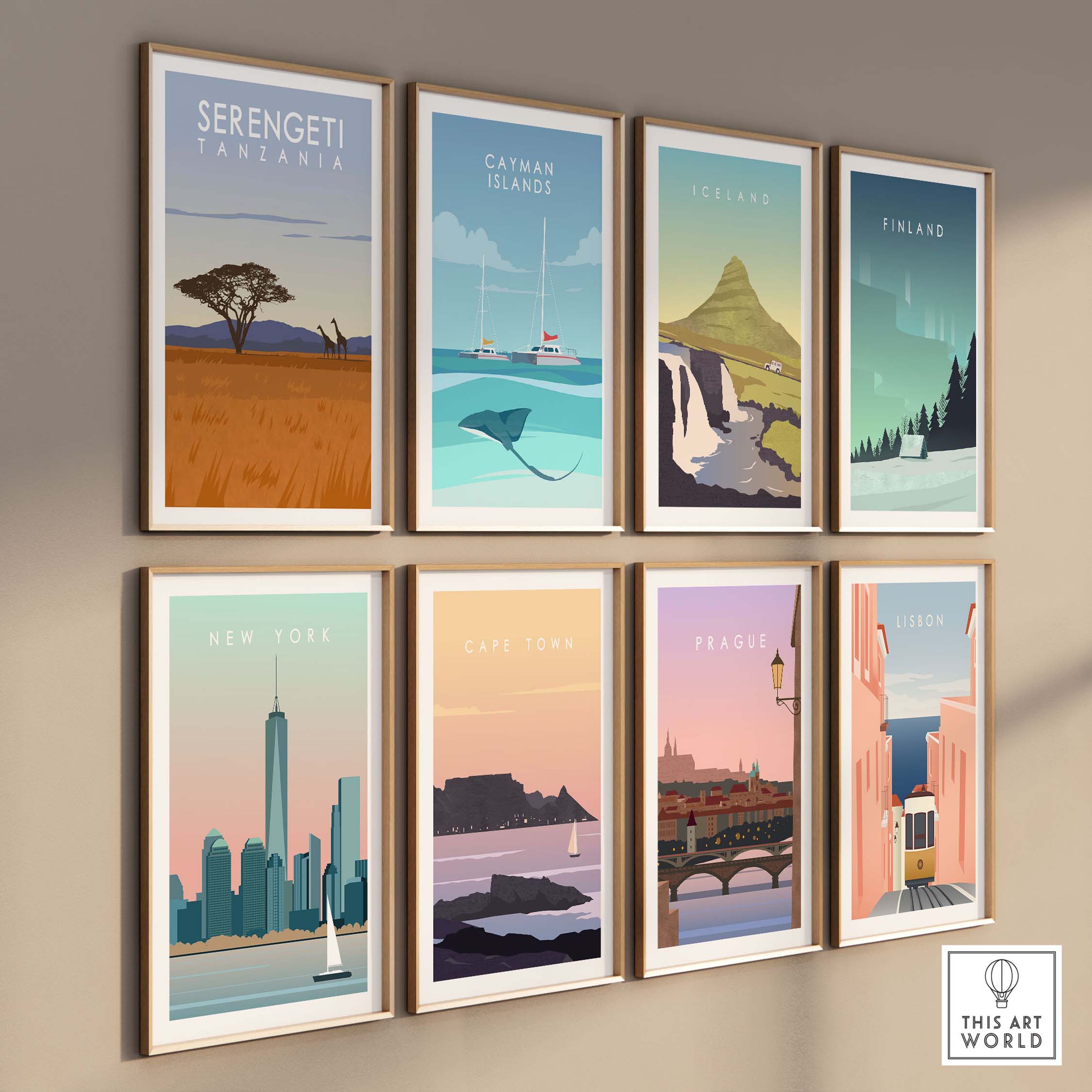 Gallery of vintage travel posters including Serengeti Print Tanzania, showcasing various global destinations.