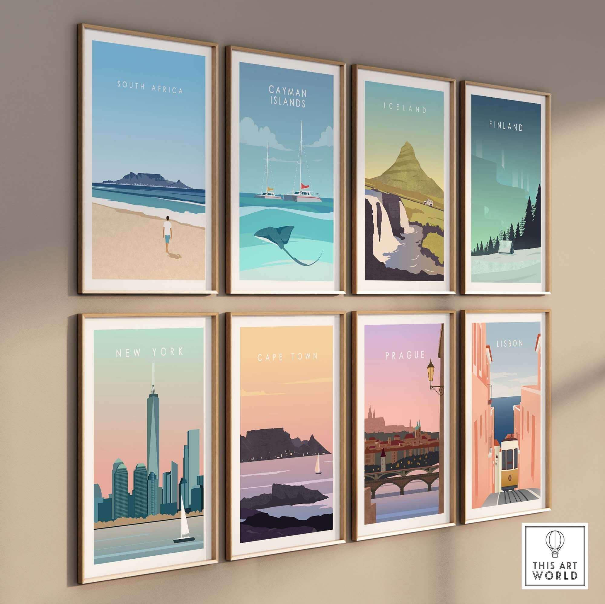 Gallery of vintage travel posters featuring South Africa, Catman Islands, Iceland, and more in a minimalist style.