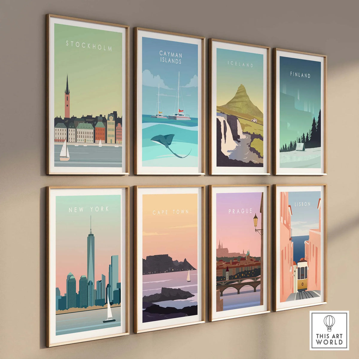 Stylish gallery of vintage travel posters featuring Stockholm, Iceland, New York, and more.