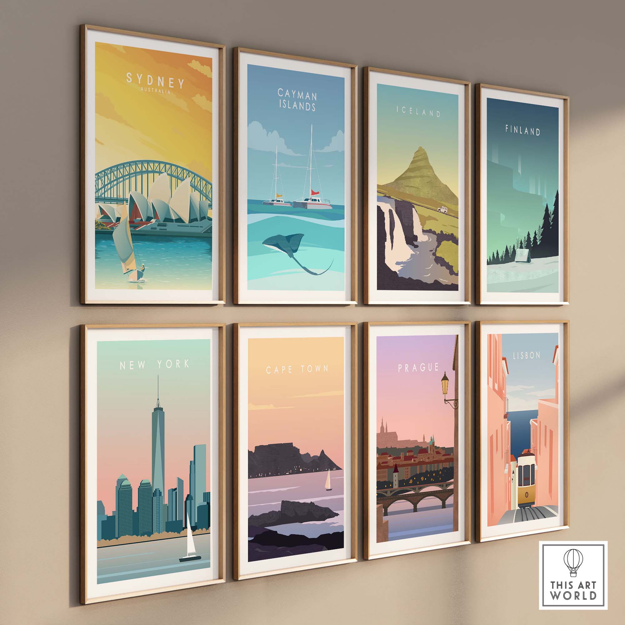 Collection of vintage travel poster prints featuring Sydney, New York, Cape Town, Prague, Iceland, and more.