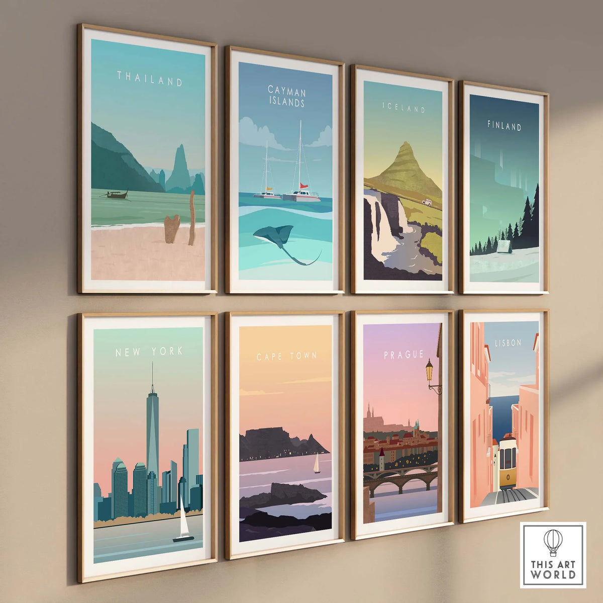 Collection of vintage-style travel posters featuring Thailand, Iceland, New York, and more, displayed in stylish frames.