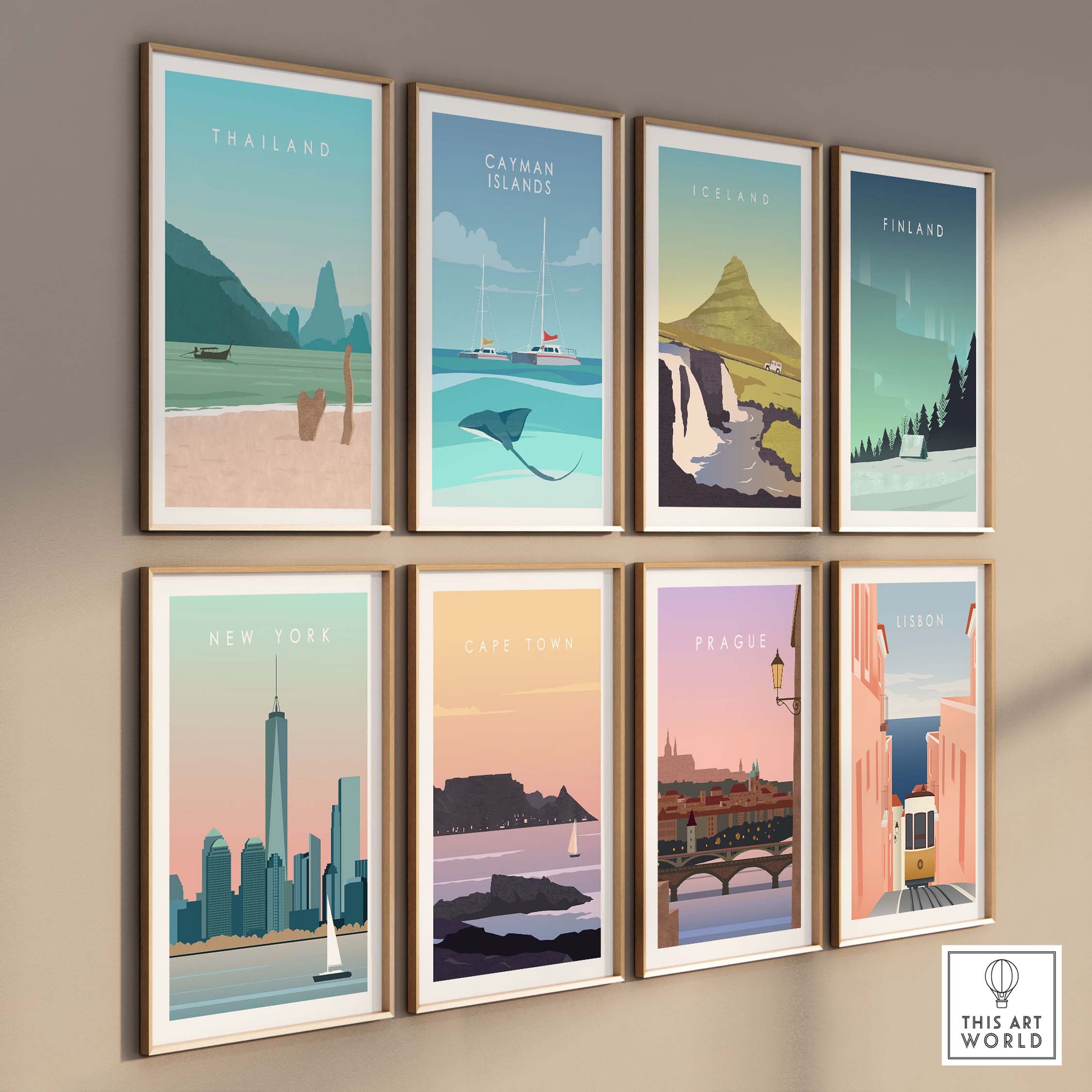 Collection of vintage-style travel posters featuring Thailand, Iceland, New York, and more, displayed in stylish frames.
