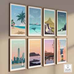 Gallery of vintage travel posters including The Bahamas, Catman Islands, New York, and more, styled in minimalist design.