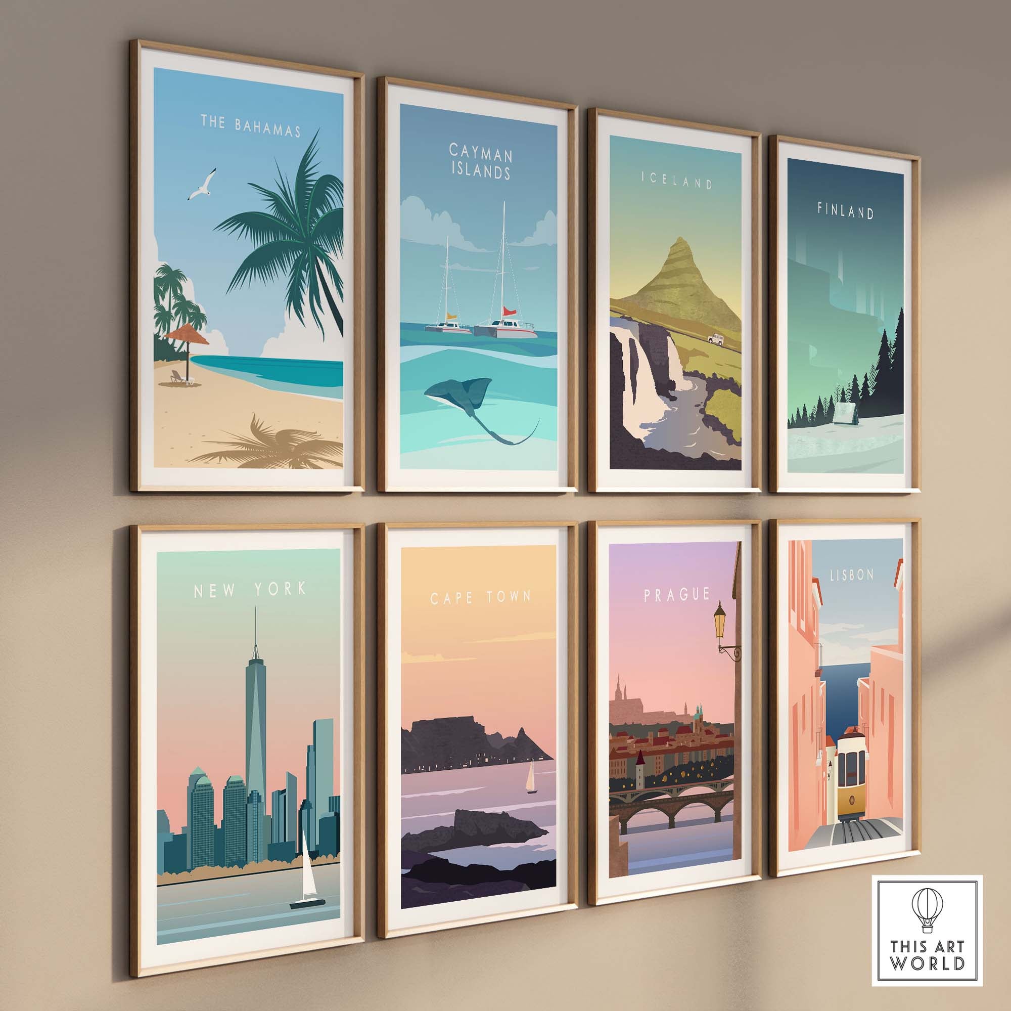Gallery of vintage travel posters including The Bahamas, Catman Islands, New York, and more, styled in minimalist design.