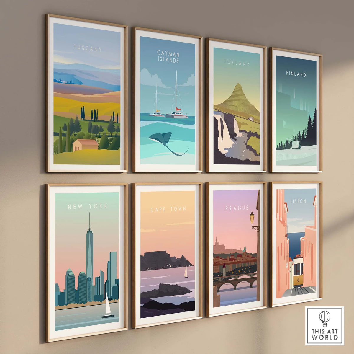 Tuscany Italy Wall Art Poster alongside vibrant travel posters of popular destinations, framed for stylish home decor.